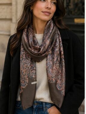 Charter Club Vintage Brown Scarf with Blush Paisley Print